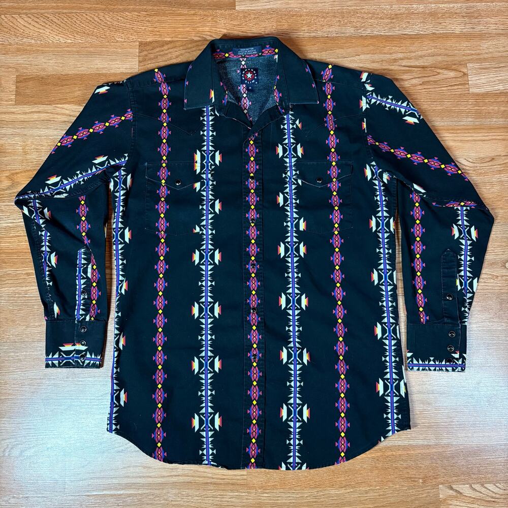 Vtg Panhandle Slim Western Pearl Snap Button Black Aztec Cowboy Shirt Mens sz M